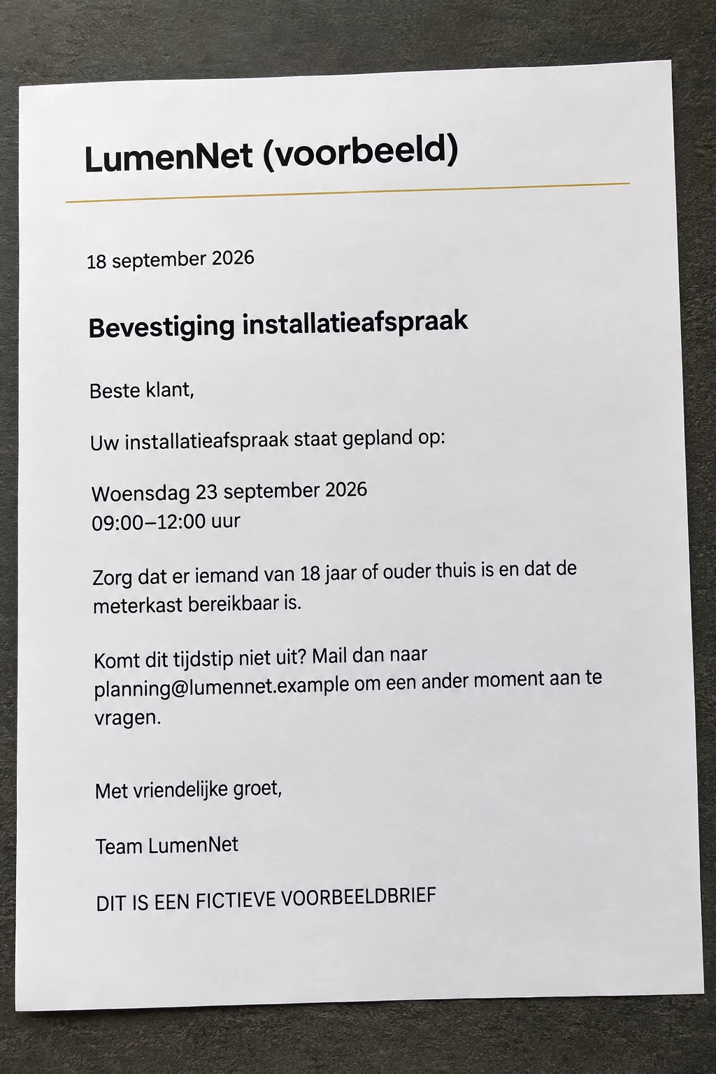Fictieve LumenNet-brief over een installatieafspraak
